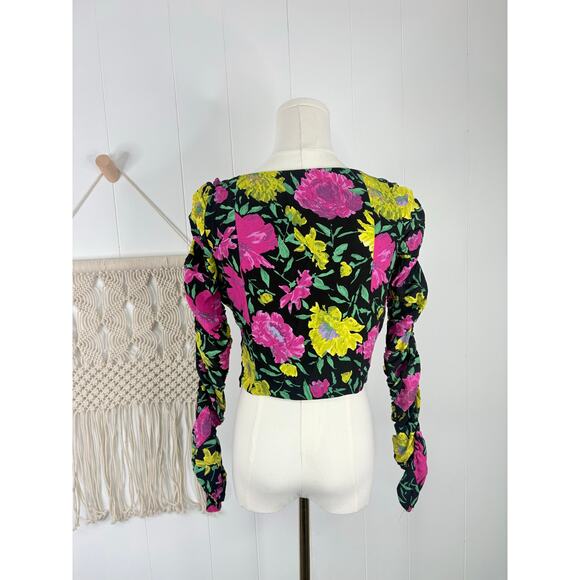 Zara Black Floral Long Sleeve Crop Top Womens Medium Sweetheart Babydoll - Picture 9 of 12